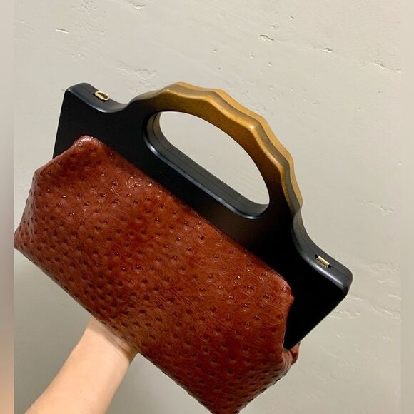 Handmade Genuine Ostrich Textured Cowhide, Wooden Frame Top Handle Satchel - Picture 9 of 14